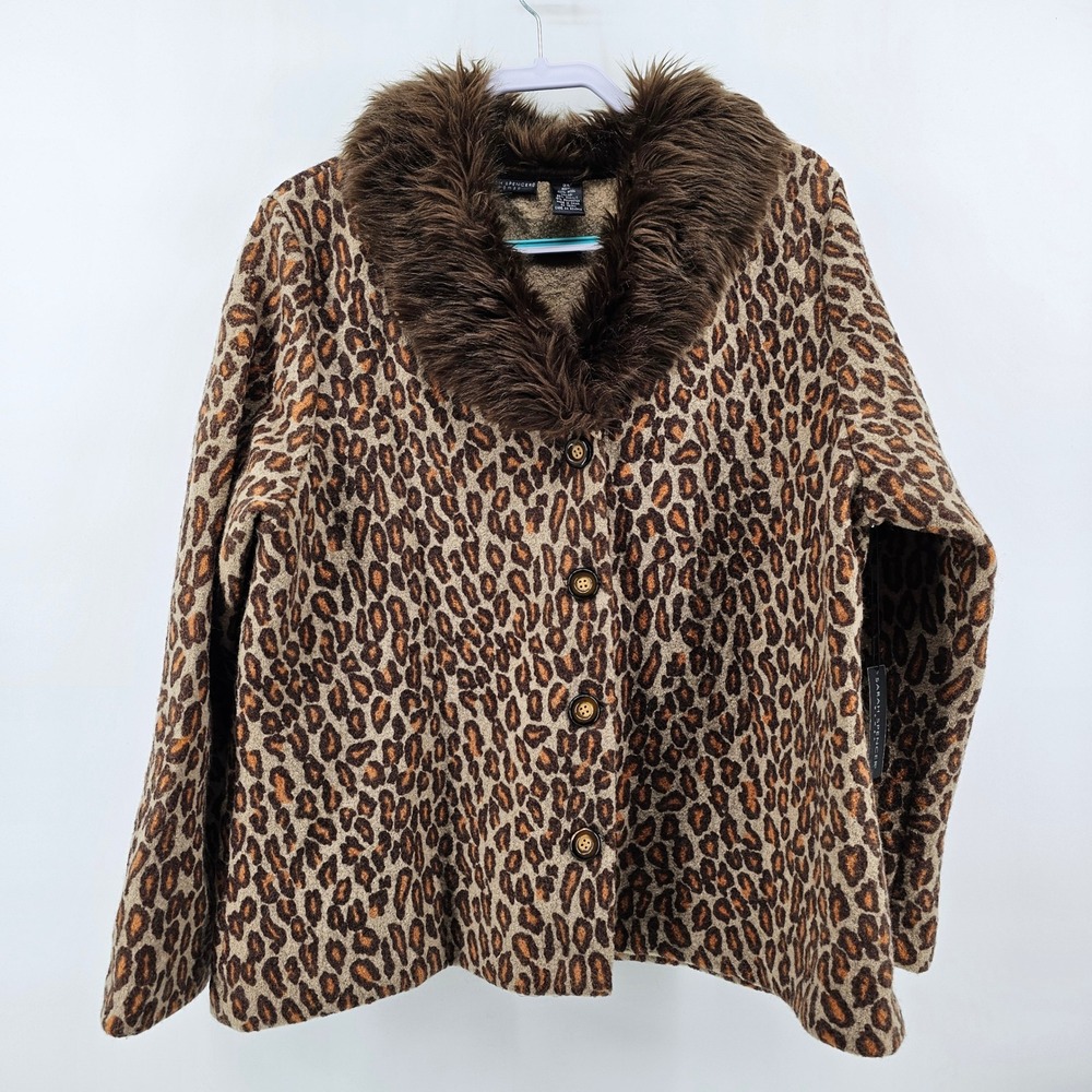 Sarah Spencer Jacket 3X Brown Leopard Print Wool Faux Fur Collar Button Up FLAW